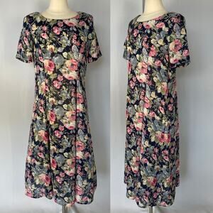 Vintage Midi Dress Size 12 Navy Blue Floral Print A Line Sheer Cottage Coqutte